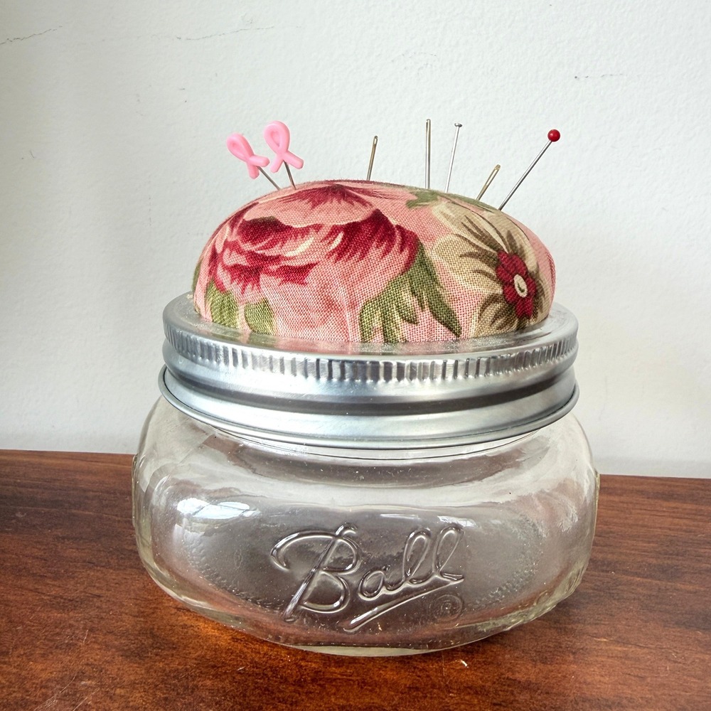 Ball Mason Jar Pincushion Floral Fabric Top Glass Storage Jar Pink Red Rose